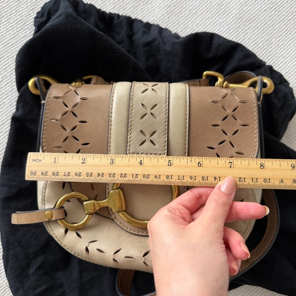 Frye Ilana Taupe Perforated Leather Saddle Crossbody Bag Purse in Cement - Picture 14 of 16